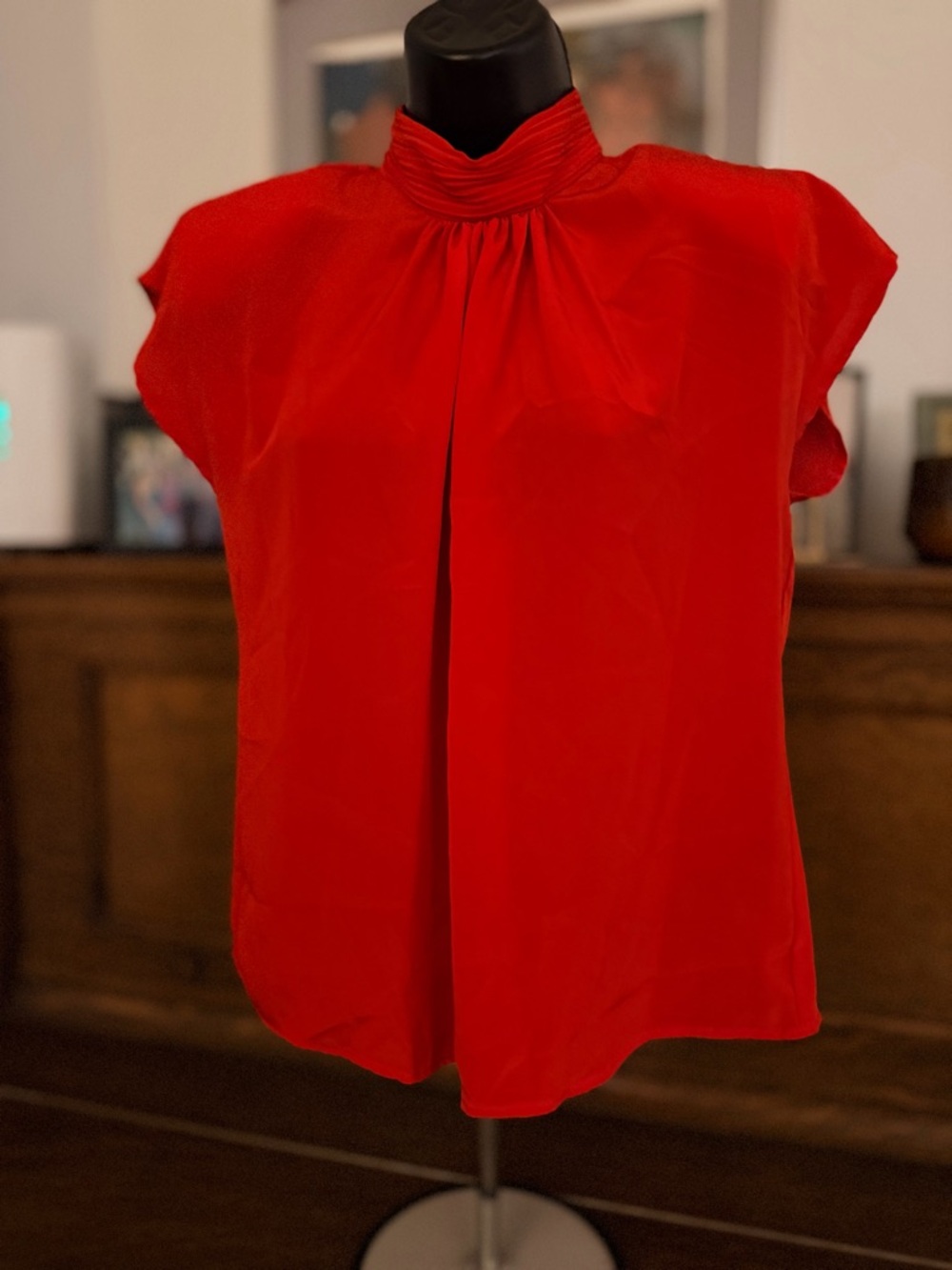 VintageWomen's Red Gathered Mock Neck Blouse